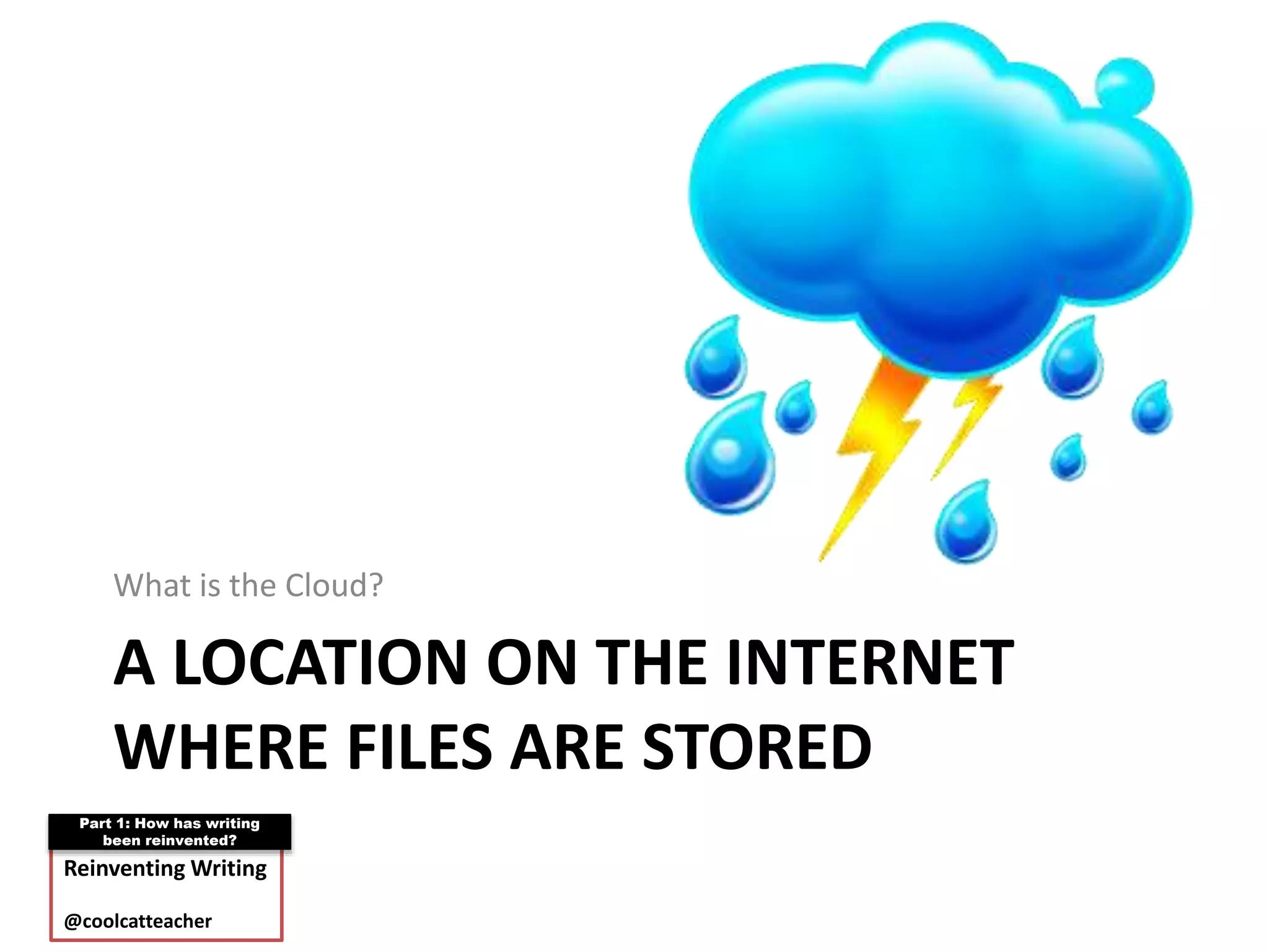 A LOCATION ON THE INTERNET
WHERE FILES ARE STORED
What is the Cloud?
Reinventing Writing
@coolcatteacher
Part 1: How has writing
been reinvented?
 