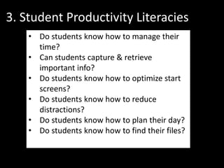 3. Student Productivity Literacies
• Do students know how to manage their
time?
• Can students capture & retrieve
important info?
• Do students know how to optimize start
screens?
• Do students know how to reduce
distractions?
• Do students know how to plan their day?
• Do students know how to find their files?
 