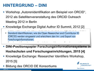 HINTERGRUND – DINI
§  Workshop „Autorenidentifikation am Beispiel von ORCID“,
2012 als Satellitenveranstaltung des ORCID O...