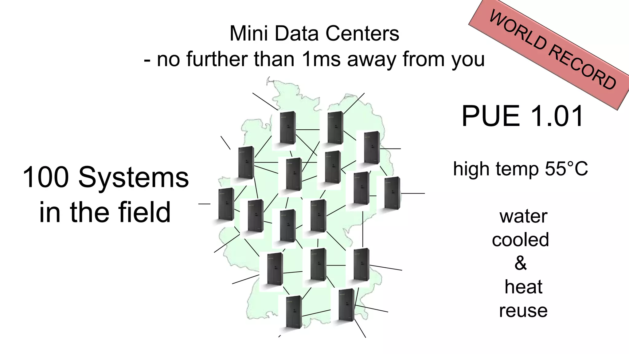 Mini Data Centers
- no further than 1ms away from you
PUE 1.01
high temp 55°C
water
cooled
&
heat
reuse
100 Systems
in the field
 