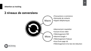 Attention au tracking
Macro
Micro
2 niveaux de conversions
28
•Transactions e-commerce
•Demande de contacts
•Appels téléphoniques
•Abonnement newsletter
•Lecture d’une vidéo
•Téléchargement PDF
•Abonné Google +
•Téléchargement Podcast
•Vue d’une page clé
•Téléchargement d’un bon de réduction
 