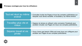 Principaux avantages pour tous les utilisateurs
35
• Consultez toutes les Pages et tous les comptes publicitaires sur
lesquels vous devez travailler, et accédez-y au même endroit.
Tout est réuni au même
endroit
• Gagnez du temps en utilisant votre connexion Facebook pour
accéder à toutes vos Pages et à tous vos comptes publicitaires.
Travaillez plus vite et
mieux
• Vous n’avez pas besoin d’être ami avec tous vos collègues pour
accéder aux Pages et aux comptes publicitaires.
Séparez travail et vie
privée
 