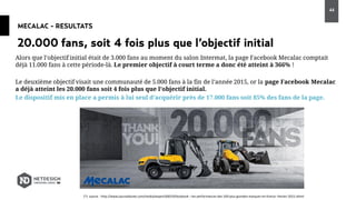 MECALAC - RESULTATS
Alors que l’objectif initial était de 3.000 fans au moment du salon Intermat, la page Facebook Mecalac comptait
déjà 11.000 fans à cette période-là. Le premier objectif à court terme a donc été atteint à 366% !
Le deuxième objectif visait une communauté de 5.000 fans à la fin de l’année 2015, or la page Facebook Mecalac
a déjà atteint les 20.000 fans soit 4 fois plus que l’objectif initial.
Le dispositif mis en place a permis à lui seul d’acquérir près de 17.000 fans soit 85% des fans de la page.
20.000 fans, soit 4 fois plus que l’objectif initial
(*): source : http://www.journaldunet.com/media/expert/60019/facebook---les-performances-des-100-plus-grandes-marques-en-france--fevrier-2015.shtml
44
 