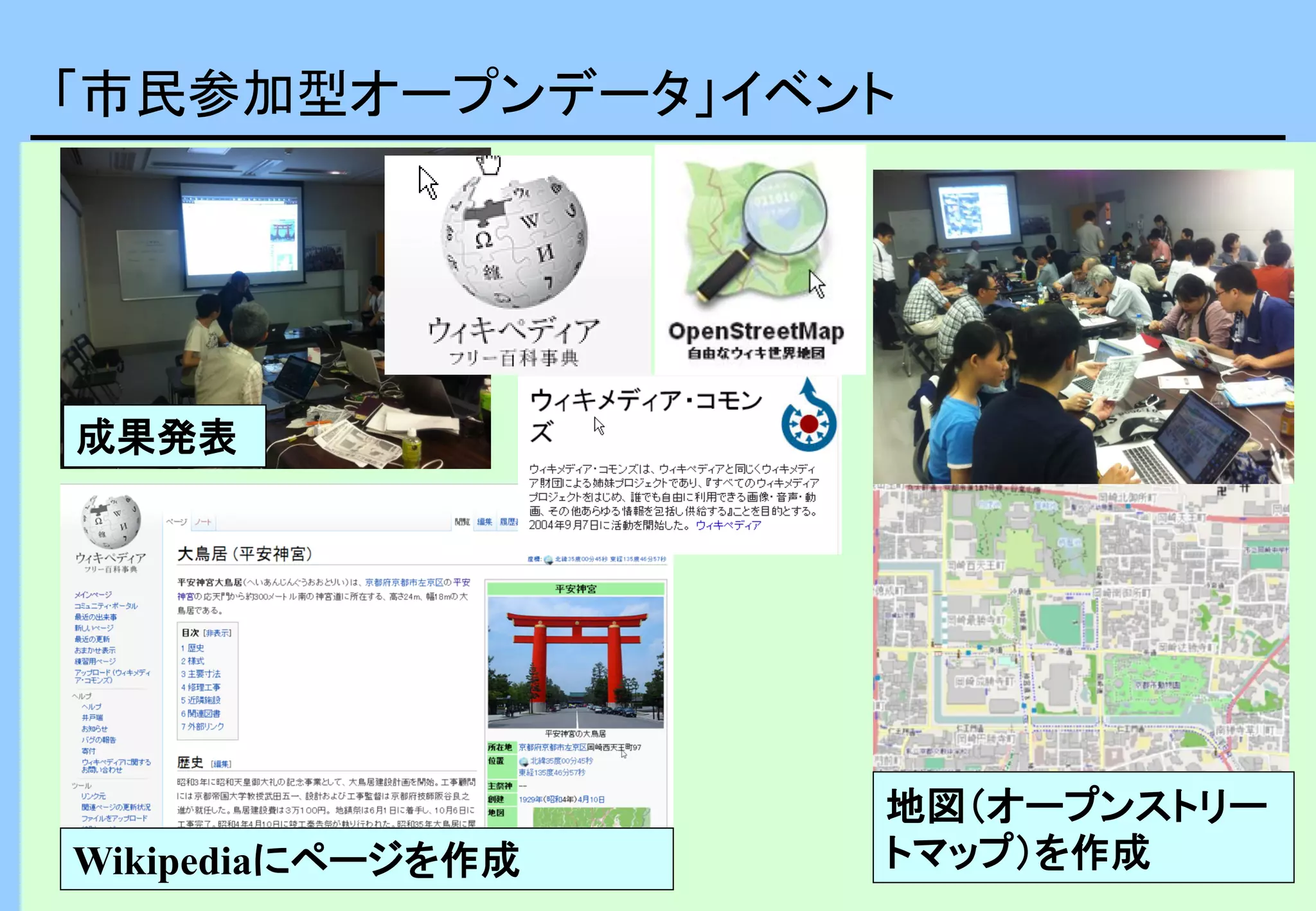 「市民参加型オープンデータ」イベント
地図（オープンストリー
トマップ）を作成Wikipediaにページを作成
成果発表
 