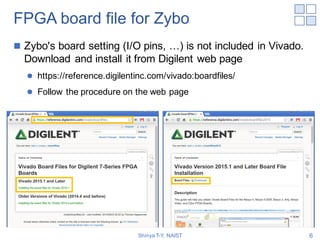 FPGA board file for Zybo
n Zybo's board setting (I/O pins, …) is not included in Vivado.
Download and install it from Digi...