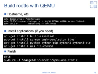 Build rootfs with QEMU
n Permission rule of /dev/uio (Userspace I/O)
n Permission rule of /dev/xdevconfig (Configuration p...