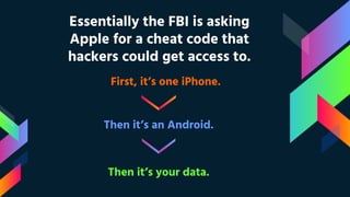 Essentially the FBI is asking
Apple for a cheat code that
hackers could get access to.
First, it’s one iPhone.
Then it’s an Android.
Then it’s your data.
 