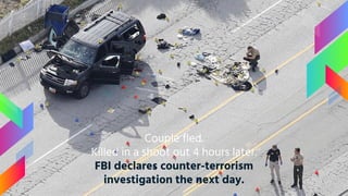 Couple fled.
Killed in a shoot out 4 hours later.
FBI declares counter-terrorism
investigation the next day.
 