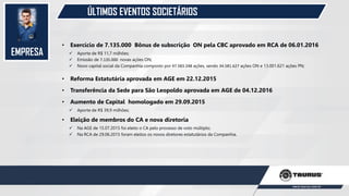 EMPRESA
ÚLTIMOS EVENTOS SOCIETÁRIOS
• Exercício de 7.135.000 Bônus de subscrição ON pela CBC aprovado em RCA de 06.01.2016
 Aporte de R$ 11,7 milhões;
 Emissão de 7.135.000 novas ações ON;
 Novo capital social da Companhia composto por 47.583.248 ações, sendo 34.581.627 ações ON e 13.001.621 ações PN;
• Reforma Estatutária aprovada em AGE em 22.12.2015
• Transferência da Sede para São Leopoldo aprovada em AGE de 04.12.2016
• Aumento de Capital homologado em 29.09.2015
 Aporte de R$ 39,9 milhões;
• Eleição de membros do CA e nova diretoria
 Na AGE de 15.07.2015 foi eleito o CA pelo processo de voto múltiplo;
 Na RCA de 29.06.2015 foram eleitos os novos diretores estatutários da Companhia.
 