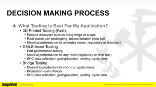 Kemeera DBA FATHOM Proprietary and Confidential Information. All Rights Reserved.#DWwebinar
DECISION MAKING PROCESS
  What Tooling Is Best For My Application?
•  3D Printed Tooling (Fast)
−  Feature discovery such as living hinge or snaps
−  Real plastic part prototyping, fastest iteration (new tool)
−  Material performance for available resins (regulatory or drop test)
•  DMLS Insert Tooling
−  Part performance testing
−  Material performance for any resin (regulatory or drop test)
−  SPC data collection: gating/ejection, venting, cycle-time
•  Bridge Tooling
−  Closest to production for short-run applications
−  Production resin choices
−  SPC data collection: gating/ejection, venting, cycle-time
 