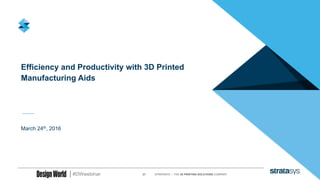 21 STRATASYS / THE 3D PRINTING SOLUTIONS COMPANY#DWwebinar
Efficiency and Productivity with 3D Printed
Manufacturing Aids
March 24th, 2016
 