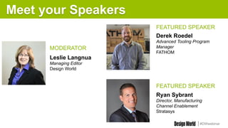 #DWwebinar
Meet your Speakers
MODERATOR
FEATURED SPEAKER
Derek Roedel
Advanced Tooling Program
Manager
FATHOM
Leslie Langnua
Managing Editor
Design World
Ryan Sybrant
Director, Manufacturing
Channel Enablement
Stratasys
FEATURED SPEAKER
 