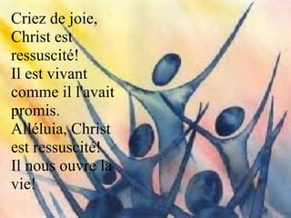 Criez de joie,
Christ est
ressuscité!
Il est vivant
comme il l'avait
promis.
Alléluia, Christ
est ressuscité!
Il nous ouvre la
vie!
 
