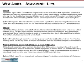 ASSESSMENT:
Political
Tripoli militias aligned with the General National Congress (GNC) doubled down on their efforts to prevent the Government of
National Accord (GNA) from establishing itself in Libya’s capital. Pro-GNC militias mobilized in Tripoli and sealed off entry points
to the city; they also closed the local airspace and fired anti-aircraft munitions to deter GNA members from flying in from Tunis.
Several Misratan militias declared support for the GNA and formed an operations room to install the GNA in Tripoli by force.
Outlook: The imposition of the GNA will continue to divide western Libyan factions. It may result in significant violence in the
capital, which could permanently fracture the Libya Dawn-Misratan bloc that is currently blocking ISIS’s westward expansion.
Security
Libyan National Army (LNA) forces continued efforts to clear Islamist militants from Benghazi’s western periphery and isolated
pockets in the city. The LNA’s air force intensified its bombing campaign against ISIS Wilayat Barqa, which is attempting to
regain territory in Derna. The LNA is providing air support for the Mujahideen Shura Council of Derna (MSCD), which includes
Ansar al Sharia-linked factions and currently controls the city.
Outlook: The LNA will struggle to control and retain Benghazi because of entrenched Salafi-jihadi networks that will facilitate
retaliatory attacks. The LNA may expand the scope of its operations in Derna and inadvertently strengthen local Islamist forces.
Ansar al Sharia and Islamic State of Iraq and al Sham (ISIS) in Libya
ISIS continues to project itself beyond its primary stronghold in Sirte. ISIS convoys are mobilizing in the vicinity of central
Libyan oil infrastructure to conduct reconnaissance, probably in preparation for resumed attacks. The movement of four deputy
ISIS leaders from the ISIS cell in Sabratha, which has supported attacks in Tunisia, to Sirte indicates overall coordination in
Libya, though the cell may not be under the command and control of ISIS leadership in Libya.
Outlook: ISIS will expand its area of operations in southwestern Libya and conduct opportunistic attacks on oil infrastructure.
8
LIBYAWEST AFRICA
 