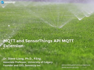 MQTT and SensorThings API MQTT
Extension
sensorweb.geomatics.ucalgary.ca
www.sensorup.com
0.23 litre/minute
0.25 litre/minute
0.27 litre/minuteRH: 85 %
Temp: 18 Celsius
Dr. Steve Liang, Ph.D., P.Eng.
Associate Professor, University of Calgary
Founder and CEO, SensorUp Inc.
 