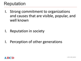 Reputation
1.855.400.ABCD
I. Strong commitment to organizations
and causes that are visible, popular, and
well known
I. Reputation in society
I. Perception of other generations
 