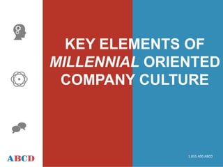 TEXT TEXT
Text BoxText Box
KEY ELEMENTS OF
MILLENNIAL ORIENTED
COMPANY CULTURE
1.855.400.ABCD
 