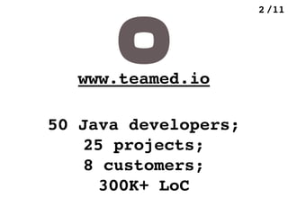 /112
50 Java developers;
25 projects; 
8 customers; 
300K+ LoC
www.teamed.io
 