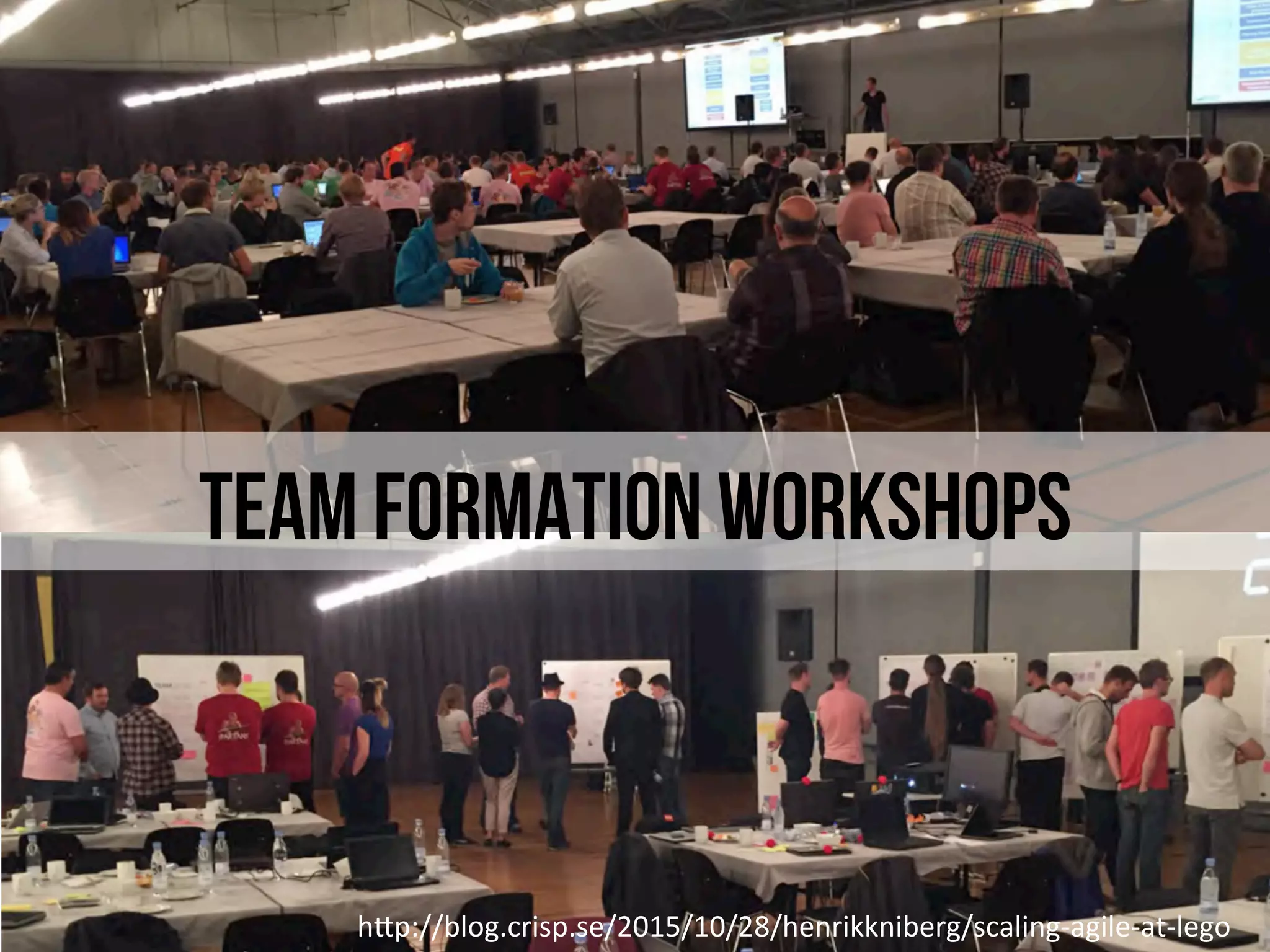 Team formation workshops
h"p://blog.crisp.se/2015/10/28/henrikkniberg/scaling-agile-at-lego	
 