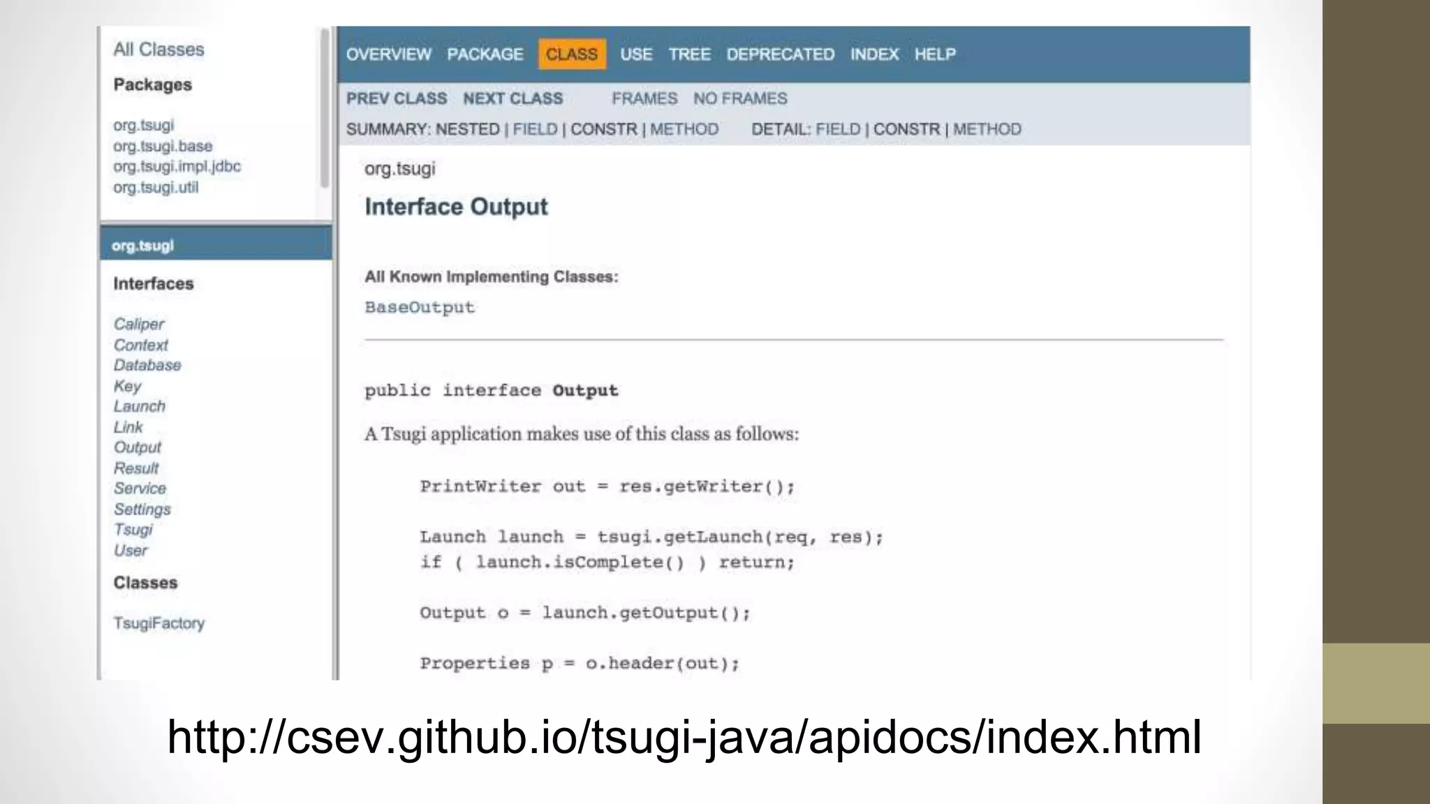 http://csev.github.io/tsugi-java/apidocs/index.html
 