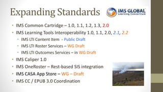 Expanding Standards
• IMS Common Cartridge – 1.0, 1.1, 1.2, 1.3, 2.0
• IMS Learning Tools Interoperability 1.0, 1.1, 2.0, 2.1, 2.2
• IMS LTI Content Item - Public Draft
• IMS LTI Roster Services – WG Draft
• IMS LTI Outcomes Services – in WG Draft
• IMS Caliper 1.0
• IMS OneRoster – Rest-based SIS integration
• IMS CASA App Store – WG – Draft
• IMS CC / EPUB 3.0 Coordination
 