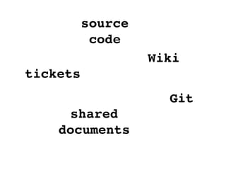Git
tickets
shared 
documents
source 
code
Wiki
 