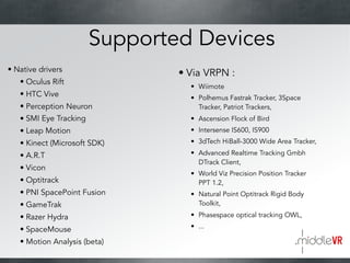 Supported Devices
• Via VRPN :
• Wiimote
• Polhemus Fastrak Tracker, 3Space
Tracker, Patriot Trackers,
• Ascension Flock of Bird
• Intersense IS600, IS900
• 3dTech HiBall-3000 Wide Area Tracker,
• Advanced Realtime Tracking Gmbh
DTrack Client,
• World Viz Precision Position Tracker
PPT 1.2,
• Natural Point Optitrack Rigid Body
Toolkit,
• Phasespace optical tracking OWL,
• ...
• Native drivers
• Oculus Rift
• HTC Vive
• Perception Neuron
• SMI Eye Tracking
• Leap Motion
• Kinect (Microsoft SDK)
• A.R.T
• Vicon
• Optitrack
• PNI SpacePoint Fusion
• GameTrak
• Razer Hydra
• SpaceMouse
• Motion Analysis (beta)
 
