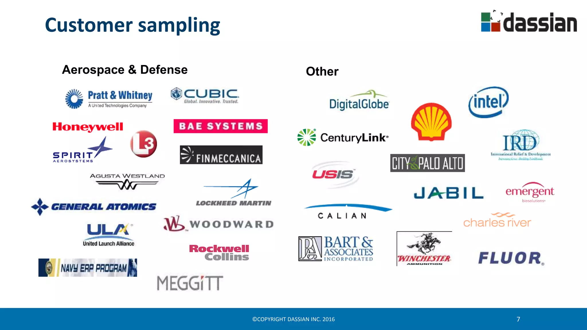 ©COPYRIGHT DASSIAN INC. 2016 7
Customer sampling
Aerospace & Defense Other
 