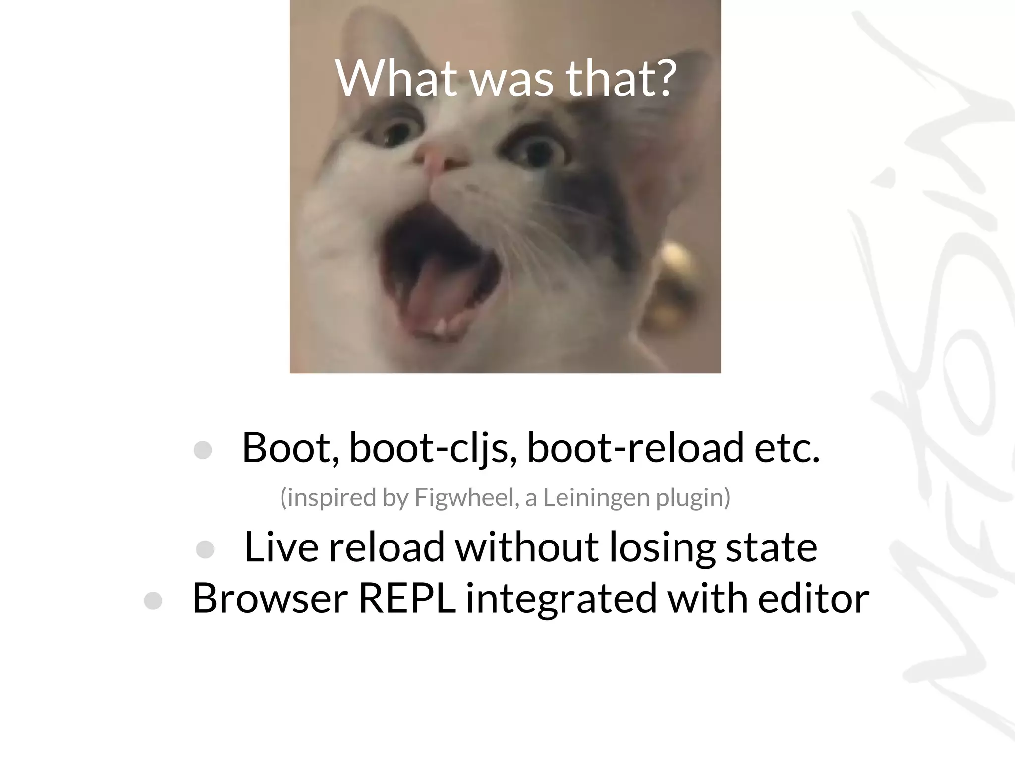 What was that?
● Boot, boot-cljs, boot-reload etc.
(inspired by Figwheel, a Leiningen plugin)
● Live reload without losing state
● Browser REPL integrated with editor
 