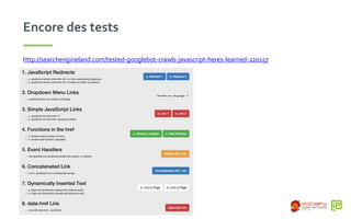 Encore des tests
http://searchengineland.com/tested-googlebot-crawls-javascript-heres-learned-220157
 