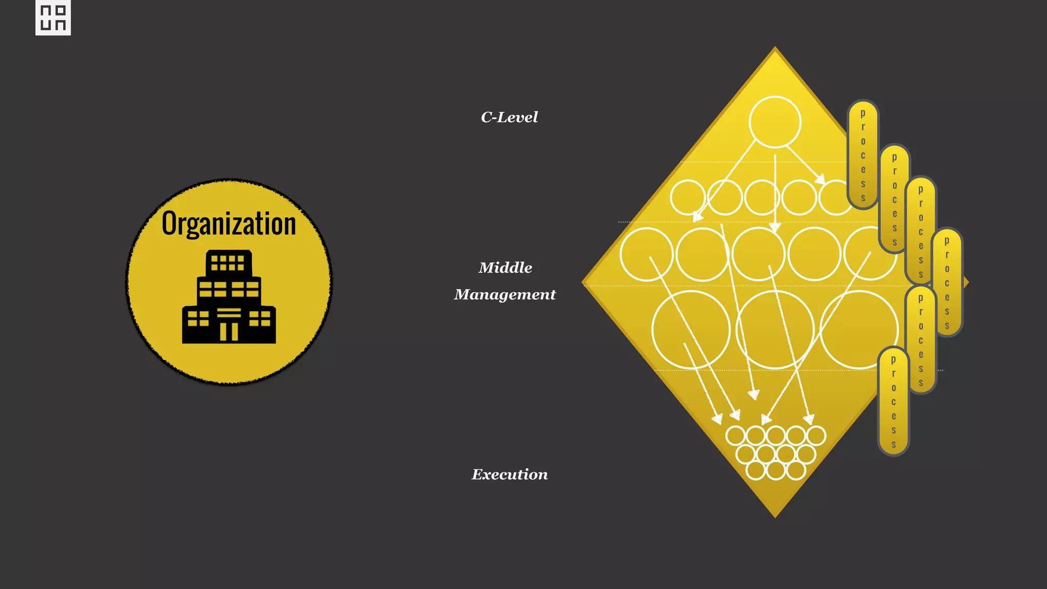 C-Level
Execution
p
r
o
c
e
s
s
p
r
o
c
e
s
s
p
r
o
c
e
s
s
p
r
o
c
e
s
s
p
r
o
c
e
s
s
p
r
o
c
e
s
s
Organization
Middle
Management
 