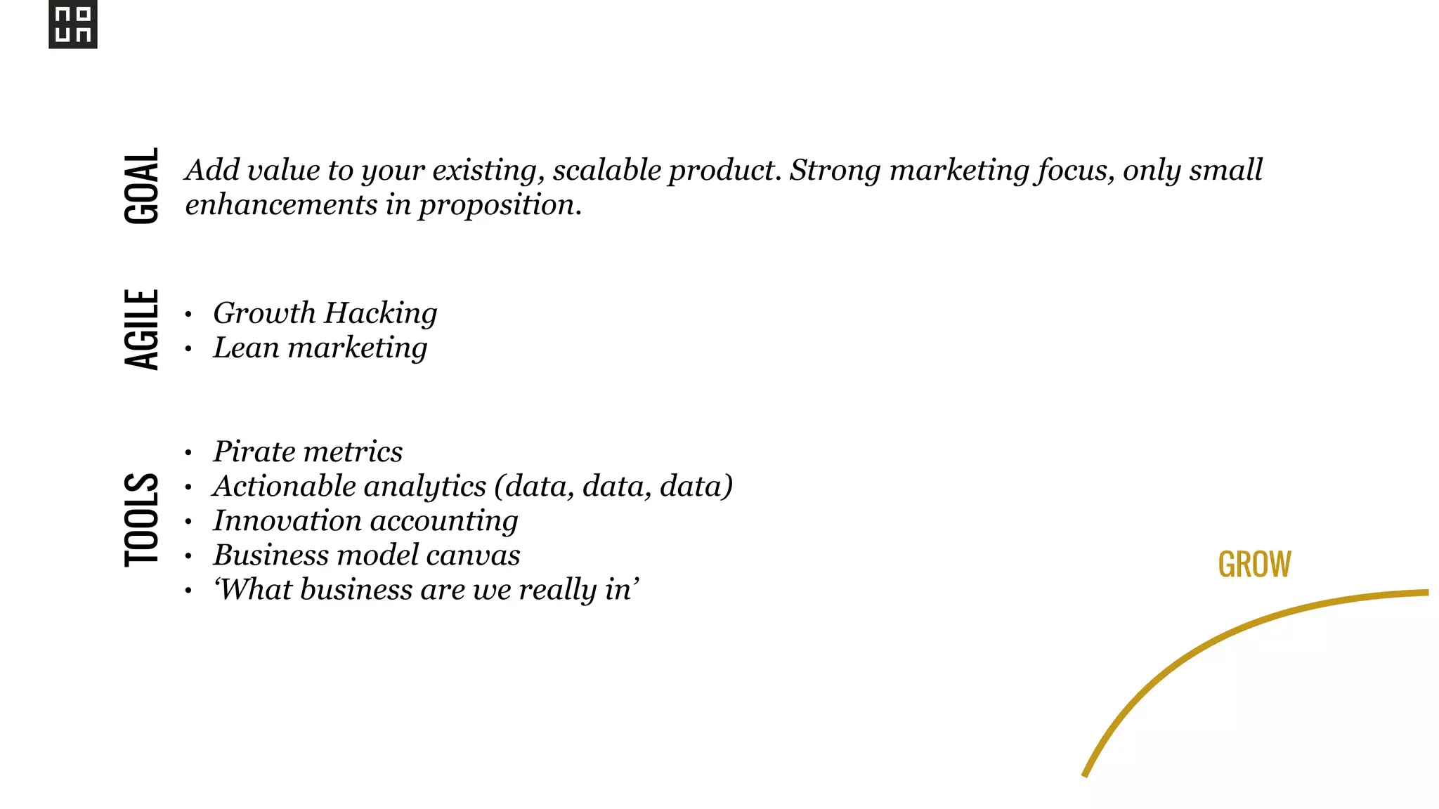 GROW
Add value to your existing, scalable product. Strong marketing focus, only small
enhancements in proposition.
GOALAGILE
• Growth Hacking
• Lean marketing
TOOLS
• Pirate metrics
• Actionable analytics (data, data, data)
• Innovation accounting
• Business model canvas
• ‘What business are we really in’
 