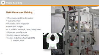 •  Overmolding	and	insert	molding	
•  True	zero-defect	
•  In-process	vision	inspec4on		
•  Screw-over	plunger	
•  RJG	eDART	–	sensing	&	control	integra4on	
•  Lights-out	manufacturing	
•  Custom	tray	and	packaging	
•  Custom	End	of	Arm	Tooling	(EOAT)		
o  Pick	and	place		
12	
100%	Cleanroom	Molding	
Micro	Molding	
 