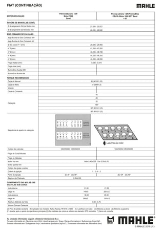 As unidades informadas seguem o Sistema Internacional (S.I.)
Torques informados em: Newtons metro (Nm) | Aperto angular em: Graus | Carga informada em: Quilogramas força (Kgf)
Pressão informada em: Quilogramas força / centímetros quadrados (kgf/cm²) | Dimensões informadas em: Milímetros (mm)
FIAT (CONTINUAÇÃO)
MOTOR/APLICAÇÃO
Prêmio/Elba/Uno 1.5R
Motor 1500
Sevel
Pick-Up LX/Uno 1.6R/Prêmio/Elba
CSL/SL Motor 1600 ACT Sevel
-> 97
ÁRVORE DE MANIVELAS (CONT.)
Ø do alojamento Std da Bucha mm 23,939 - 23,972
Ø do alojamento da Bronzina mm 48,630 - 48,646
EIXO COMANDO DE VÁLVULAS
Jogo Bucha do Eixo Comando MH
Jogo Bucha do Eixo Comando ML
Ø dos colos nº 1 (mm) 29,945 - 29,960
nº 2 (mm) 47,935 - 47,950
nº 3 (mm) 48,135 - 48,150
nº 4 (mm) 48,335 - 48,350
nº 5 (mm) 48,535 - 48,550
Folga Radial (mm) 0,030 - 0,070
Folga Axial (mm)
Bucha Eixo Auxiliar MH
Bucha Eixo Auxiliar ML
TORQUE RECOMENDADO
Capa do Mancal 80 (M10X1,25)
Capa da Biela 51 (M9X1,0)
Volante
Capa do Comando
Cabeçote
40
20
20
180º
90º (M10X1,25)
90º (M10X1,25)
Sequência de aperto do cabeçote
Codigo das valvulas VA0350060 VE0250059 VA0250054 VE0250053
Folga de Guia/Válvulas
Folga de Válvulas
Motor frio mm Adm 0,40±0,05 Esc 0,50±0,05
Motor quente mm
Codigo das guias e sedes
Ordem de Ignição 1 - 3 - 4 - 2
Ponto de Ignição (E) 5º (D) 18º (E) 10º (D) 10º
Abertura do Platinado 0,35±0,05
COMPRIMENTO DAS MOLAS DAS
VÁLVULAS SOB CARGA
mola interna 31,00 21,50
carga de 149±5 281±12
mola externa 36,00 26,50
carga de 389±5 595±12
Abertura Eletrodo da Vela 0,60 - 0,70
Volume Camara Cabecote
(F) Apertar após o aperto dos parafusos principais (G) As medidas dos colos se referem ao diametro STD vermelho (*) Itens sob consulta
© MAHLE 2019 | 13
 