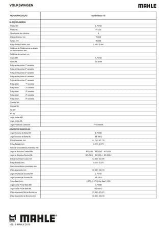 VOLKSWAGEN
MOTOR/APLICAÇÃO Kombi Diesel 1.6
BLOCO CILINDROS
Pistão MH E-70700
Pistão ML P-1333
Quantidade dos cilindros 4
Ø dos cilindros, mm 76,500
Curso, mm 86,400
Folga Pistão/Cilindro, mm 0,160 - 0,044
Saliência do Pistão acima ou abaixo
do bloco/camisa, mm
Saliência da camisa, mm
Aneis MH A-70700
Aneis ML DC-6184
Folga entre pontas 1ª canaleta
Folga entre pontas 2ª canaleta
Folga entre pontas 3ª canaleta
Folga entre pontas 4ª canaleta
Folga entre pontas 5ª canaleta
Folga axial 1ª canaleta
Folga axial 2ª canaleta
Folga axial 3ª canaleta
Folga axial 4ª canaleta
Folga axial 5ª canaleta
Camisa MH
Camisa ML
Kit MH
Kit ML
Jogo Juntas MH
Jogo Juntas ML
Jogo Parafusos Cabecote PF-0700004
ÁRVORE DE MANIVELAS
Jogo Bronzina de Biela MH B-70390
Jogo Bronzina de Biela ML BB-390-J
Ø dos moentes, mm 47,758 - 47,778
Folga Radial (mm) 0,010 - 0,073
Raio de concordância (moentes) mm
Jogo de Bronzina Central MH M-70290 M-70292 M-70326
Jogo de Bronzina Central ML BC-290-J BC-292-J BC-326-J
Ø dos munhõesm (colo) mm 53,958 - 53,978
Folga Radial (mm) 0,016 - 0,079
Raio concordância (munhões) mm
Ø do alojamento mm 59,000 - 59,019
Jogo Arruelas de Encosto MH L-70100
Jogo Arruelas de Encosto ML AE-100-J
Folga Axial (mm) 0,070 - 0,170 (Emp.Max.0,100)
Jogo bucha Pé de Biela MH G-70080
Jogo bucha Pé de Biela ML BG-080-U
Ø do alojamento Std da Bucha mm 27,000 - 27,021
Ø do alojamento da Bronzina mm 50,600 - 50,619
182 | © MAHLE 2019
 