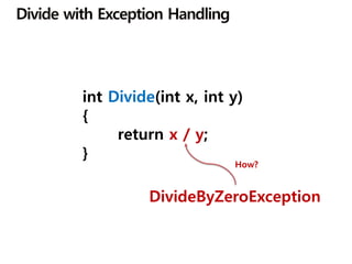 int Divide(int x, int y)
{
return x / y;
}
DivideByZeroException
How?
 