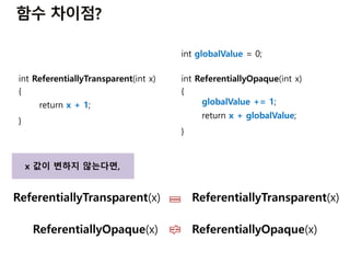int ReferentiallyTransparent(int x)
{
return x + 1;
}
int globalValue = 0;
int ReferentiallyOpaque(int x)
{
globalValue += 1;
return x + globalValue;
}
ReferentiallyTransparent(x) ReferentiallyTransparent(x)
ReferentiallyOpaque(x) ReferentiallyOpaque(x)
x 값이 변하지 않는다면,
 
