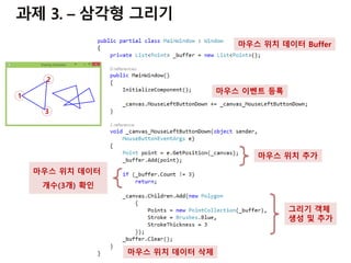 마우스 이벤트 등록
마우스 위치 데이터
개수(3개) 확인
마우스 위치 추가
그리기 객체
생성 및 추가
마우스 위치 데이터 삭제
마우스 위치 데이터 Buffer
 