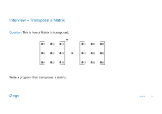 09.04.16 31
Question This is how a Matrix is transposed:
Write a program that transposes a matrix.
Interview – Transpose a...