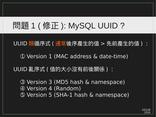 10/129
2016
問題 1 ( 修正 ): MySQL UUID ?
UUID 類循序式 ( 通常後序產生的值 > 先前產生的值 ) ：
➀ Version 1 (MAC address & date-time)
UUID 亂序式 ( 值的大小沒有前後關係 ) ：
➂ Version 3 (MD5 hash & namespace)
➃ Version 4 (Random)
➄ Version 5 (SHA-1 hash & namespace)
 