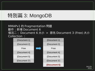 84/129
2016
特別篇 3: MongoDB
MMAPv1 的 Fragmentation 問題
動作：新增 Document 6
情況二： Document 6 大小 > 原先 Document 3 (Free) 大小
Collection ：
{Document 1}
{Document 2}
Free
{Document 4}
{Document 5}
{Document 3‘}
{Document 6}
{Document 1}
{Document 2}
Free
{Document 4}
{Document 5}
{Document 3‘}
 