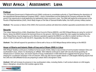 ASSESSMENT:
Political
The UN-backed Government of National Accord (GNA) continues to consolidate authority in Tripoli following the dissolution of
the oppositional General National Congress (GNC). Libya’s Central Bank and the National Oil Company endorsed the GNA,
giving it the opportunity to build legitimacy by addressing Libya’s economic crisis. The GNA still needs the endorsement of the
House of Representatives (HoR), which likely hinges on the fate of General Khalifa Haftar, the HoR’s primary military backer.
Outlook: The success or failure of the GNA’s first economic policies will determine whether opposition powerbrokers fall in line.
Security
The Libyan National Army (LNA), Mujahideen Shura Council of Derna (MSCD), and ISIS Wilayat Barqa are vying for control of
Derna, where the MSCD remains the dominant force on the ground. LNA forces seized the main supply line leading into the
city. Wilayat Barqa may be stepping up its offensive operations against the MSCD in an effort to reclaim territory in the city,
which it held from late 2014 until mid-2015. Separately, the LNA continued clearing operations in Benghazi.
Outlook: The LNA will expand its operations in Derna with a focus on ISIS Wilayat Barqa before taking on the MSCD.
Ansar al Sharia and Islamic State of Iraq and al Sham (ISIS) in Libya
ISIS Wilayat Tarablus continues to mobilize its forces south of Sirte, likely to secure lines of communication between Sirte and
southwestern Libya, where it is developing an affiliate. ISIS militants continued to clash with security forces guarding oil
infrastructure in central Libya, and recent reports of troop mobilizations in ISIS-held terrain suggests that the group may be
shaping for a sustained campaign in the oil crescent. ISIS may also launch spoiler attacks on LNA targets following reports that
the LNA and LNA-affiliated forces are preparing to attack ISIS’s stronghold in Sirte.
Outlook: ISIS will increase its presence in key southwestern cities, including Sebha. It will conduct attacks on LNA targets,
likely in Benghazi, should the LNA mobilize against Sirte.
8
LIBYAWEST AFRICA
 