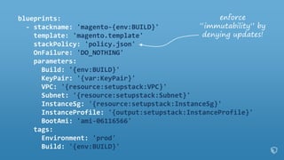 blueprints:
- stackname: 'magento-{env:BUILD}'
template: 'magento.template'
stackPolicy: 'policy.json'
OnFailure: 'DO_NOTHING'
parameters:
Build: '{env:BUILD}'
KeyPair: '{var:KeyPair}'
VPC: '{resource:setupstack:VPC}'
Subnet: '{resource:setupstack:Subnet}'
InstanceSg: '{resource:setupstack:InstanceSg}'
InstanceProfile: '{output:setupstack:InstanceProfile}'
BootAmi: 'ami-06116566'
tags:
Environment: 'prod'
Build: '{env:BUILD}'
enforce
“immutability” by
denying updates!
 