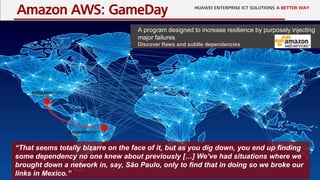 10
A program designed to increase resilience by purposely injecting
major failures
Discover flaws and subtle dependencies
Amazon AWS: GameDay
“That seems totally bizarre on the face of it, but as you dig down, you end up finding
some dependency no one knew about previously […] We’ve had situations where we
brought down a network in, say, São Paulo, only to find that in doing so we broke our
links in Mexico.”
 