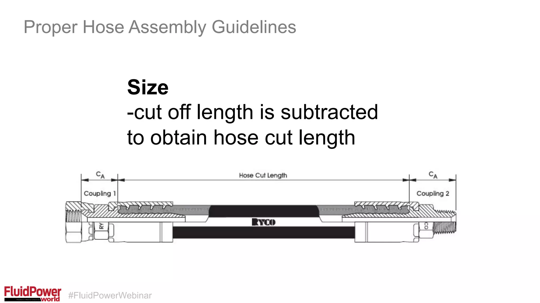#FluidPowerWebinar
Size
-cut off length is subtracted
to obtain hose cut length
Proper Hose Assembly Guidelines
 