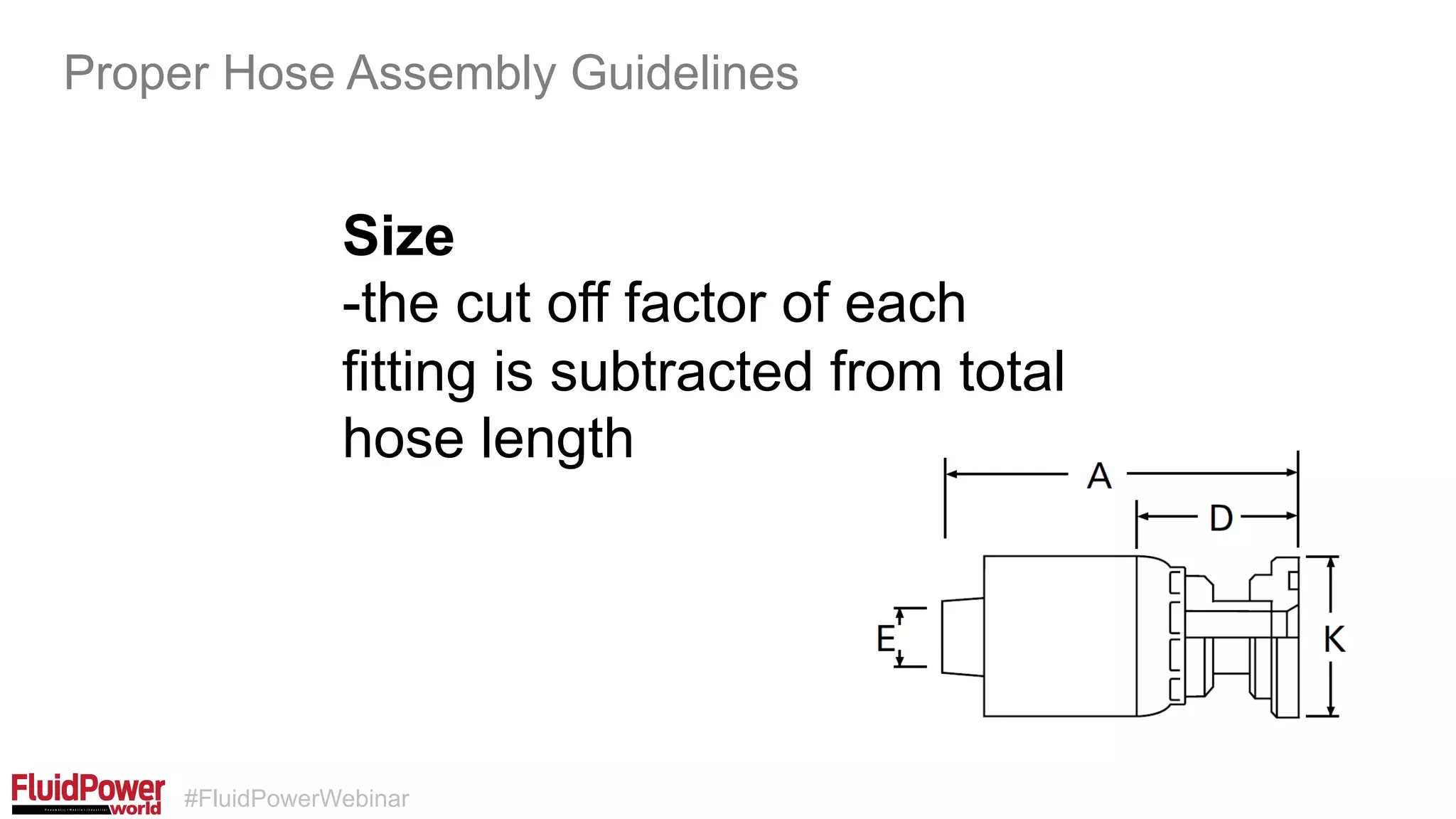 #FluidPowerWebinar
Size
-the cut off factor of each
fitting is subtracted from total
hose length
Proper Hose Assembly Guidelines
 