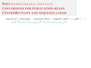 POST-MEME2IMAGES INKSCAPE
CONVERSIONS FOR PUBLICATION-READY
CENTRIMO PLOTS AND SEQUENCE LOGOS
parallel inkscape --vacuum-defs --export-pdf={.}.pdf {} 
::: "$centrimo_eps_1" "$centrimo_eps_2"
 