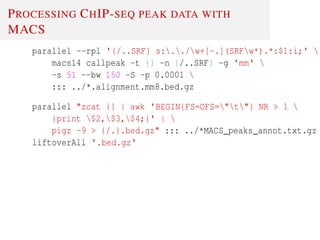 PROCESSING CHIP-SEQ PEAK DATA WITH
MACS
parallel --rpl '{/..SRF} s:../w+[-.](SRFw*).*:$1:i;' 
macs14 callpeak -t {} -n {/..SRF} -g 'mm' 
-s 51 --bw 150 -S -p 0.0001 
::: ../*.alignment.mm8.bed.gz
parallel "zcat {} | awk 'BEGIN{FS=OFS="t"} NR > 1 
{print $2,$3,$4;}' | 
pigz -9 > {/.}.bed.gz" ::: ../*MACS_peaks_annot.txt.gz
liftoverAll '.bed.gz'
 