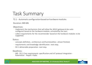 Task	Summary
T2.1	- Automatic	configuration	based	on	hardware	modules
Duration:	M0-M6
Objectives:
◦ implement	the	mechanisms	that	will	allow	the	AGILE	gateway	to	be	auto-
configured	based	on	the	hardware	modules	activated	by	the	user;
◦ collect	requirements	for	the	recommender	based	on	the	hardware	modules	to	be	
supported.
Status:
◦ concepts	definition,	 architecture	and	functionalities:	almost	finished;
◦ requirements	and	knowledge	identification:	next	step;
◦ D2.1	deliverable	preparation:	next	step.
Deadlines:
◦ M9	- D2.1	Core	requirements	specification	and	IoT protocol	integration	-
Rulemotion - Report	-Public
AGILE	KICK-OFF	MEETING,	12-14	January	2016,	Trento	IT
 