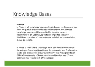 Knowledge	Bases
Proposal
In	Phase-1,		all	knowledge	bases	are	located	on	server.	Recommender	
and	Configurator	are	also	executed	on	server	side.	APIs	of	those	
knowledge	bases	should	be	specified	by	the	data	owners.	
Recommender on	Gateway,	operates on	imported apps and
Workflows.	If profiles of other users are included,	recommendation
should be remote.
In	Phase-2,	some	of	the	knowledge	bases	can	be	located	locally	on	
the	gateway.	Some	functionalities	of	Recommender	and	Configurator	
can	be	also	executed	on	the	gateway	locally.	This	Phase	provides	an	
OFFLINE	functionality	of	Recommender	and	Configurator.	(Cruise	
Gateways	may	require	such	offline	usages)
 